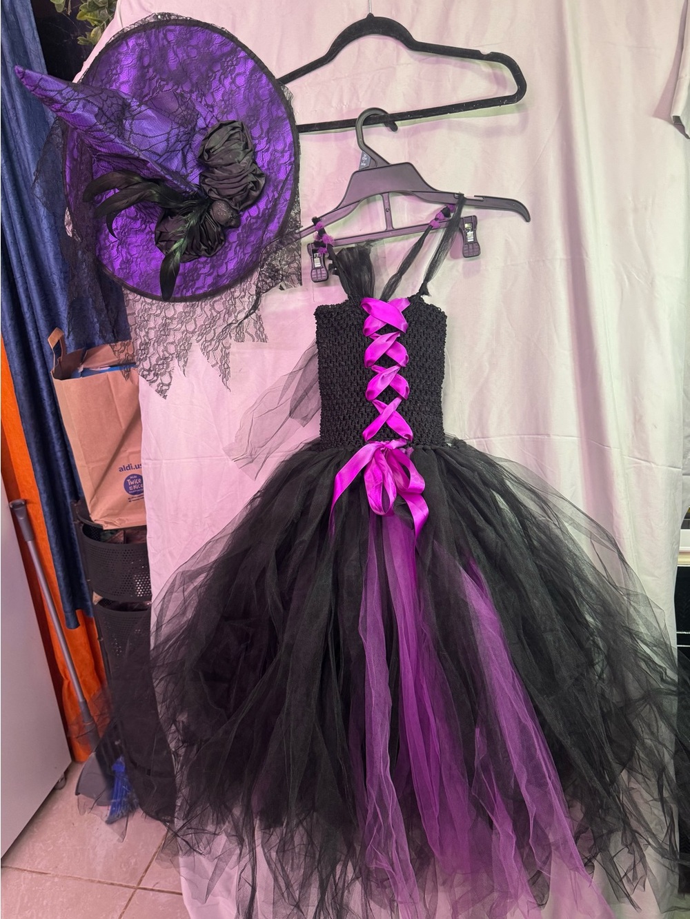 Kids Purple & Black Witch Tutu Costume Dress with Matching Hat
